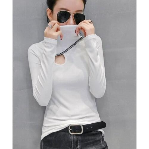 #5564 Black White Green Turtleneck T Shirt For Women Hollow Out Sexy Basic Stretch T-shirt Female Fashion Knitted Cotton Slim