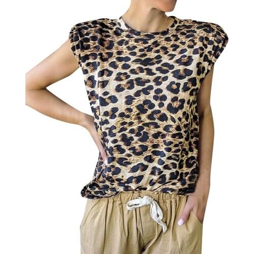 Women Summer Leopard Print Blouses Patchwork O-Neck Sleeveless Slim Shirts Female Tops for Streetwear Fashion Clothing