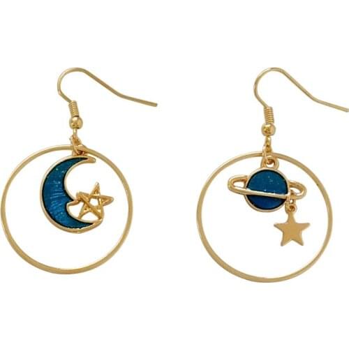 Korea Blue Green Pink Big Round Circle Earth Universe Clip Earrings No Piercing Cute Star Moon Clip on Earring for Student Girl