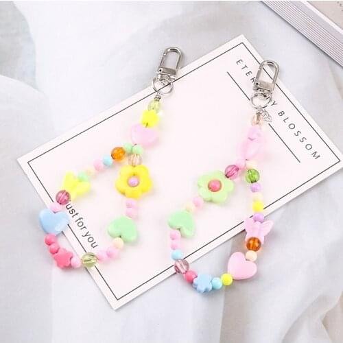 New Color Beads Hanging Key Chain Candy Color Heart Pentagram Butterfly Acrylic Keyring Accessories Ornaments for Girl Kids