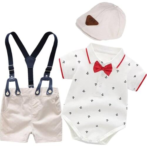 Newborn Boy Party Handsome Outfits Clothes Infant Cotton Printed Jumpsuit with Khaki Shorts Belt Baby Summer Kids Clothing