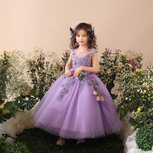 Girls Birthday Wedding Party Flowers Long Dresses for Girl Violet Piano Performance Host Stage Costume Kids Carnival Tutu Dress