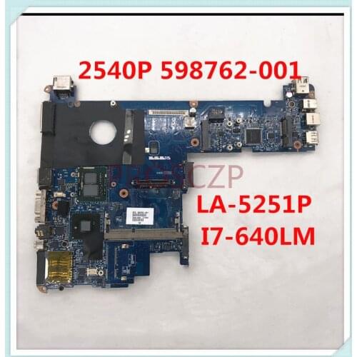 For HP 2540 2540P KAT10 LA-5251P Laptop motherboard W/ I7-640LM 598762-001 598762-501 598762-601 QM57 100% full Tested
