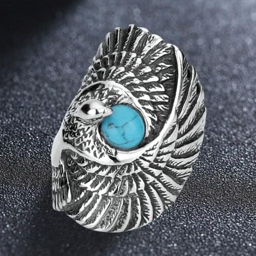 Stainless Steel Green Stone Eagle Bird Wing Mens Ring Punk Animal High Quality Jewelry