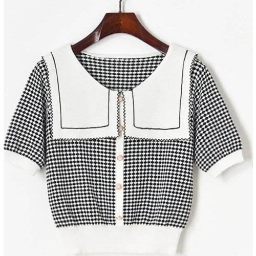 2021 New Preppy Style Hit Color Sailor Collar Thin Pullovers Women Elegant Sweet Button Plaid Blouses Fashion Women Crop Tops
