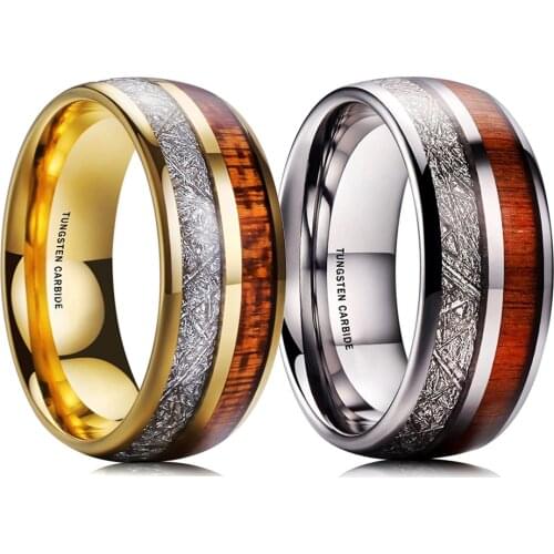 NEW 8mm Mens Silvery Gold Tungsten Carbide Ring Hawaiian Koa Wood And Meteorites Inlaid Men Engagement Ring Men Wedding Band