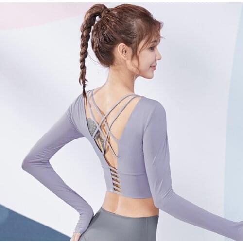 Yoga Clothes Womens Beauty Strap Bra Navel Tight-fitting Long-sleeved T-shirt Stretch and Quick-drying Training Fitness Vest