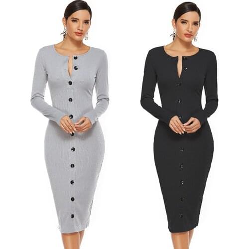 Autumn and Winter Womens New Fashion Knee-length Solid Color Pit Stripe Slim Fit Button V-neck Dress