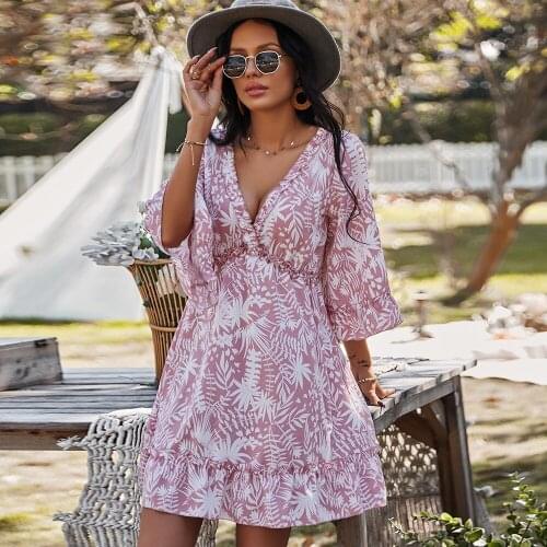 2021 Printing Dress for Women Summer Sexy V-Neck Women Clothing Pink Elegant Outfits Polyester Above Knee Mini Dresses