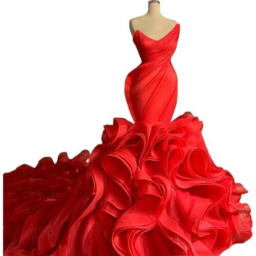 Ruched Bodice Ruffled organza Red Formal Dress High End Free Customized Mermaid Red Carpet Dress FOF31133