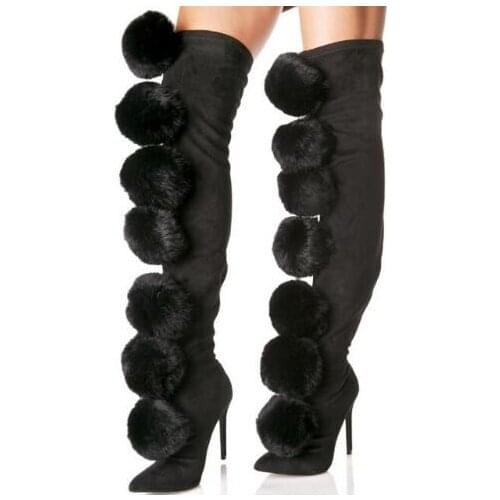 Spring Fashion Women Pom Pom Ball Over The Knee Boots Stretch Suede Leather Boots Sexy Pointy Toe Slip On Ladies High Heel Boots