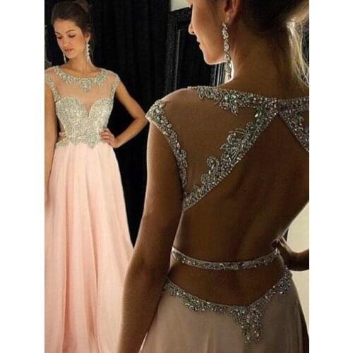Sexy Womens A-Line Long Pink Chiffon Prom Dresses with Pockets Robe De Soiree Open Back Formal Party Dresses