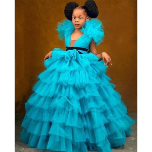 Blue A Line Flower Girls Dresses V Neck Ruffles Tier Skirt Kids Pageant Dress Floor Length Tulle Child Birthday Gowns