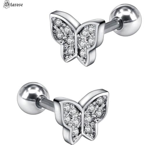 Starose 1pc 1.2x6mm Rod Inlaid Crystal Butterfly Earrings Stud Helix Tragus Piercing Cartilage Lobe Ear Nose Ring Body Jewelry