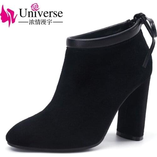 Universe New shoes with high ankle and sheepskin short boots square with round Toe winter kids suede femme bottes G255