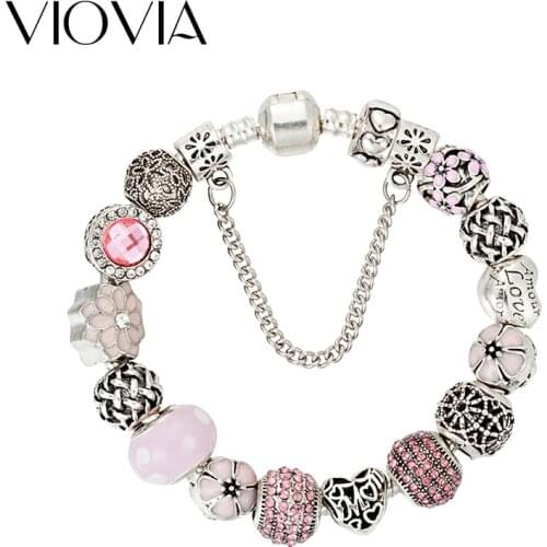 VIOVIA Brand Flower Charm Bracelets For Women Gift Pink Crystal Beads Bracelets & Bangles DIY Jewelry B17002A