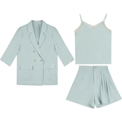 Womens Three-piece suit sets 2021 womens suit coat + top and Suit shorts together summer clothes for club outfits Large size