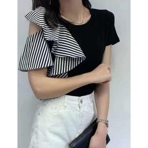 Flying Sleeve Chiffon Solid Loose Ruffle Off Shoulder Top Cotton Short Sleeve T-Shirt Women U084