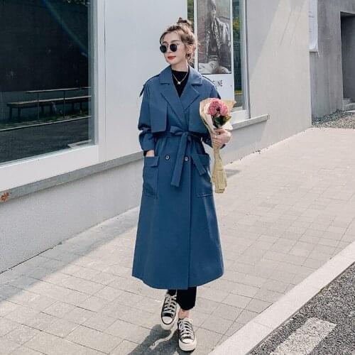 Womens Trench Coat 2021 Autumn New Fashion Blue Long Loose Lapel Double-Breasted High-End Fabric Windbreaker Jacket Female 8Z