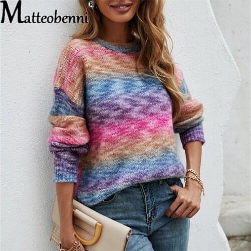 Autumn Winter New Fashion Loose Casual O Neck Long Sleeve Tops Women Sweater Knitted Rainbow Stripe Hedging Color Ladies Sweater