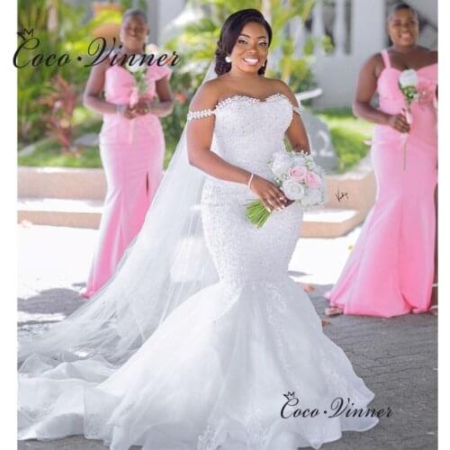 Cystal Beaded Lace Mermaid Wedding Dresses 2021 New Off Shoulder Lace up back Pluse Size White Wedding Dress For African W0821