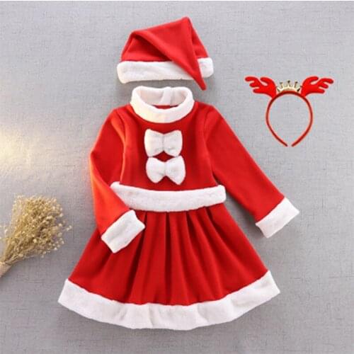 Winter Christmas Long Sleeve Dresses For Girls New Year Bowknot Princess Party Dresses 3 Pcs Set