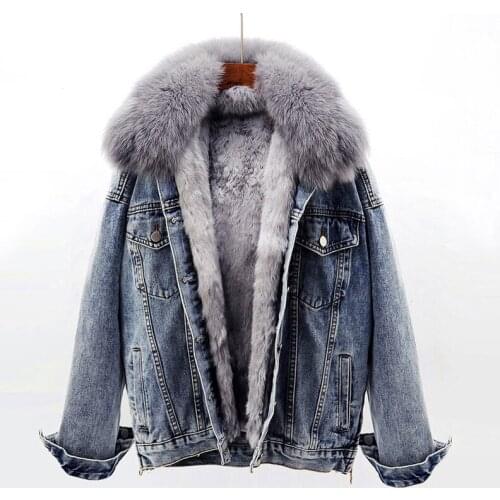 Winter Thick Warm Fox Fur Collar Removable Rex Rabbit Fur Liner Denim Jacket Women Outerwear Vintage Parker Jeans Jackets Female