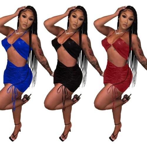 ZKYZWX Sexy Pu Leather Two Piece Summer Outfits Off Shoulder Crop Top Bodycon Mini Dresses Beachwear Night Club Matching Sets