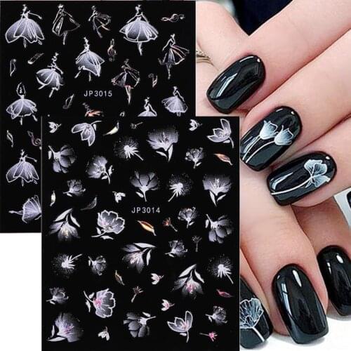 1 Sheet 5D White Lace Flowers Nail Stickers Leaf Ballet Geometry Butterfly Gradient Abstract Nail Design Slider Decor