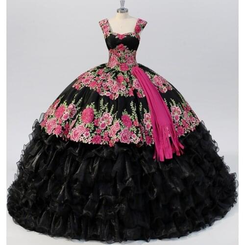2020 Mexican Black Charra Quinceanera Dresses Ball Gown Vestidos 16 Anos Sweet 15 Dress