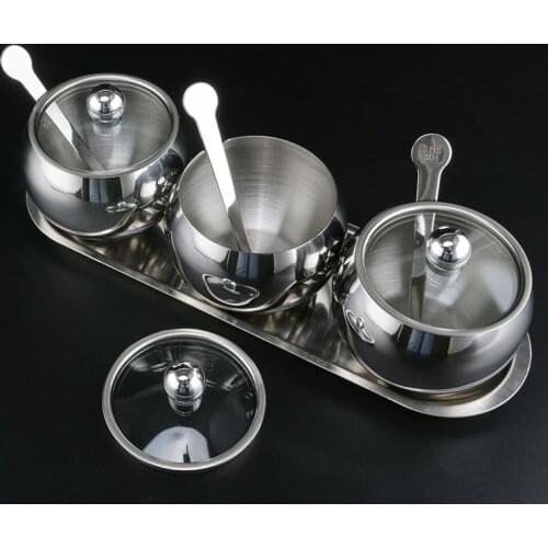 Stainless steel spice jars seasoning pot with spoon set kitchen household seasoning box salt seasoning pot canister set kitchen