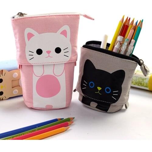 Korean version Pen Pencil Bag Case, Cartoon Cute Cat Bear Sheep Canvas Fold Standing Holder Stationery Organizer Kids Gift