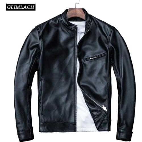 2019 Black Slim Luxury Sheepskin Leather Jackets Mens Casual Motorcycle Genuine Leather Bomber Aviator Jacket Biker Short Coats