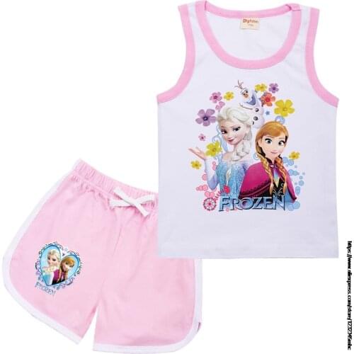 Disney Girl Frozen Elsa Summer Girls Clothes Sets Cartoon 1-15T Baby Kids Clothes Vest Tops+Shorts 2 PCS Sets Tracksuit Outfits