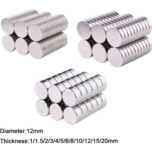 10pcs 12mm Diameter Round Rare Earth Magnets 1/1.5/2/3/4/5/6/8/10/12/15/20mm Thick Neodymium Strong Crafts Permanent Magnet N35