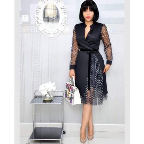 Lady Office Work Wear Elegant High Waist Dress African Plus Size Women Fashion Sexy V Neck Dot Mesh Long Sleeve Midi Party Dress