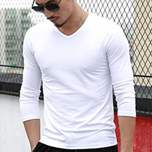 Men Long Sleeve Slim- Fit T-shirt Shrink-resistant Solid Color V Neck Fashion Bottoming Shirt Stylish Tees Casual Top