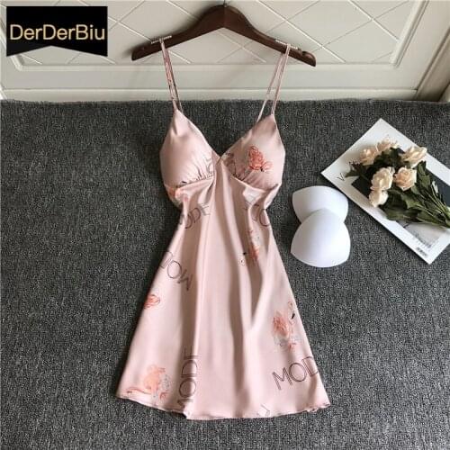 New Sexy Nightdress Ladies Animal Picture Nightgown Women Silk Satin Soft Sleepwear Summer Nightwear Chest Pads Homewear