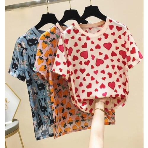 2021 Summer New Style Korean Chiffon Print Short-sleeved Womens Thin Sweet Loose Bottoming Shirt Top