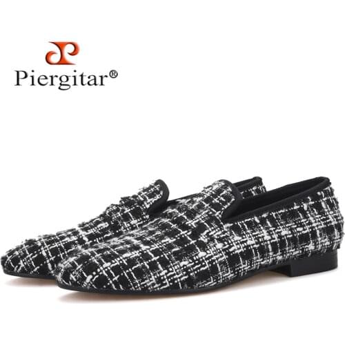 Piergitar new black and white colors mix knit fabric men loafers British classic smoking slippers mens casual shoes plus size