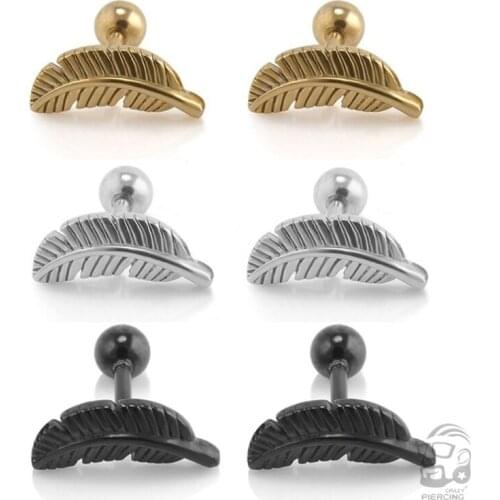 2pcs Sliver Feather Barbell Ear Cartilage Helix Stud Bar Earring Piercing Oreja Body Piercing Jewelry For Women Or Men Ombligo