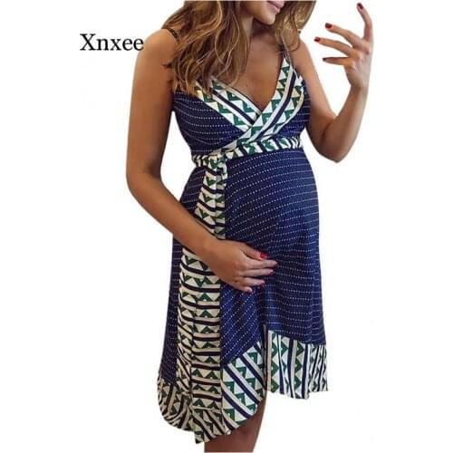 Boho V Neck Maternity Dress Womens Sleeveless Splicing Bandage A Line Maternity Clothing Dresses for Women Beach Sundress
