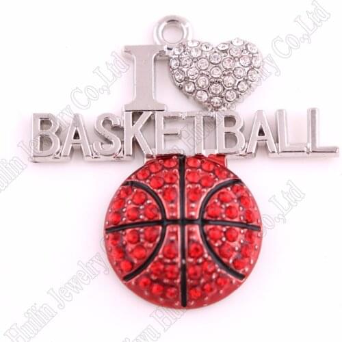 New 1.3"*1.3" inches zinc studded with sparkling crystal red enamel 2D I LOVE Basketball sports Pendants Fans Favorite Jewelry