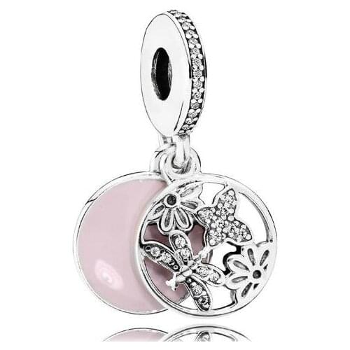 Genuine 925 Sterling Silver Bead Charm Pink Enamel Openwork Springtime Pendant Beads Fit Pan Bracelet & Necklace Jewelry