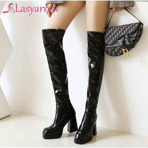 Lasyarrow Patent PU Leather Red White Black Platform Block High Heels Women Winter Shoes Size 48 Sexy Female Over The Knee Boots