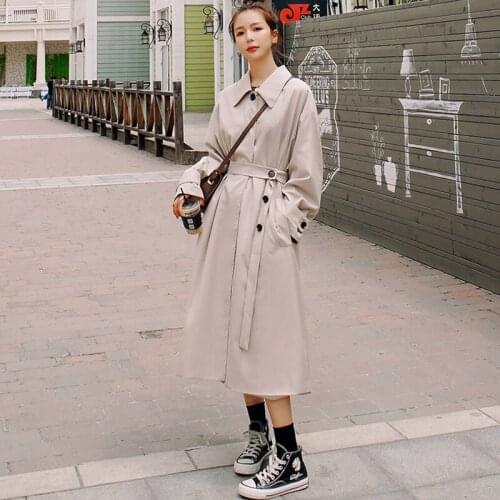 Womens Windbreaker 2021 Spring Autumn New Apricot Fashion Lapel Long-Sleeved Single-Breasted Straight Korean Loose Long Coat 1C