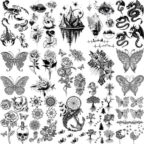 Rose Flower Butterfly Temporary Tattoos For Women Girls Neck Arm Hands Adult Men Scorpion Tatoos Dragon Cross Fake Tattoo Small