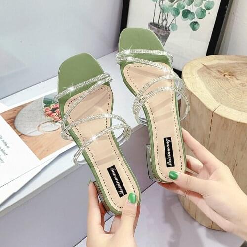 High-heeled Sandals Slides Women Shoes Woman Slippers Fashion Rhinestones 2020 Summer New Fashion Thick Heel Rhinestones D188
