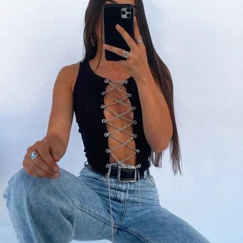 Xikom Fashion Sleeveless Lace Up Chain White Crop Tops for Women Club Party Backless Knitted Sexy Top Cropped Streetwear