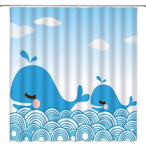Cartoon Whale Shower Curtains Kids Funny Ocean Animal Sea Wave Blue Sky Bathroom Decor Polyester Cloth Hanging Curtain Set